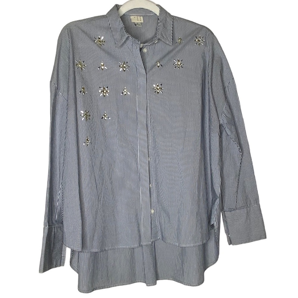 A new day stripe button down shirt with front adornment. Size S